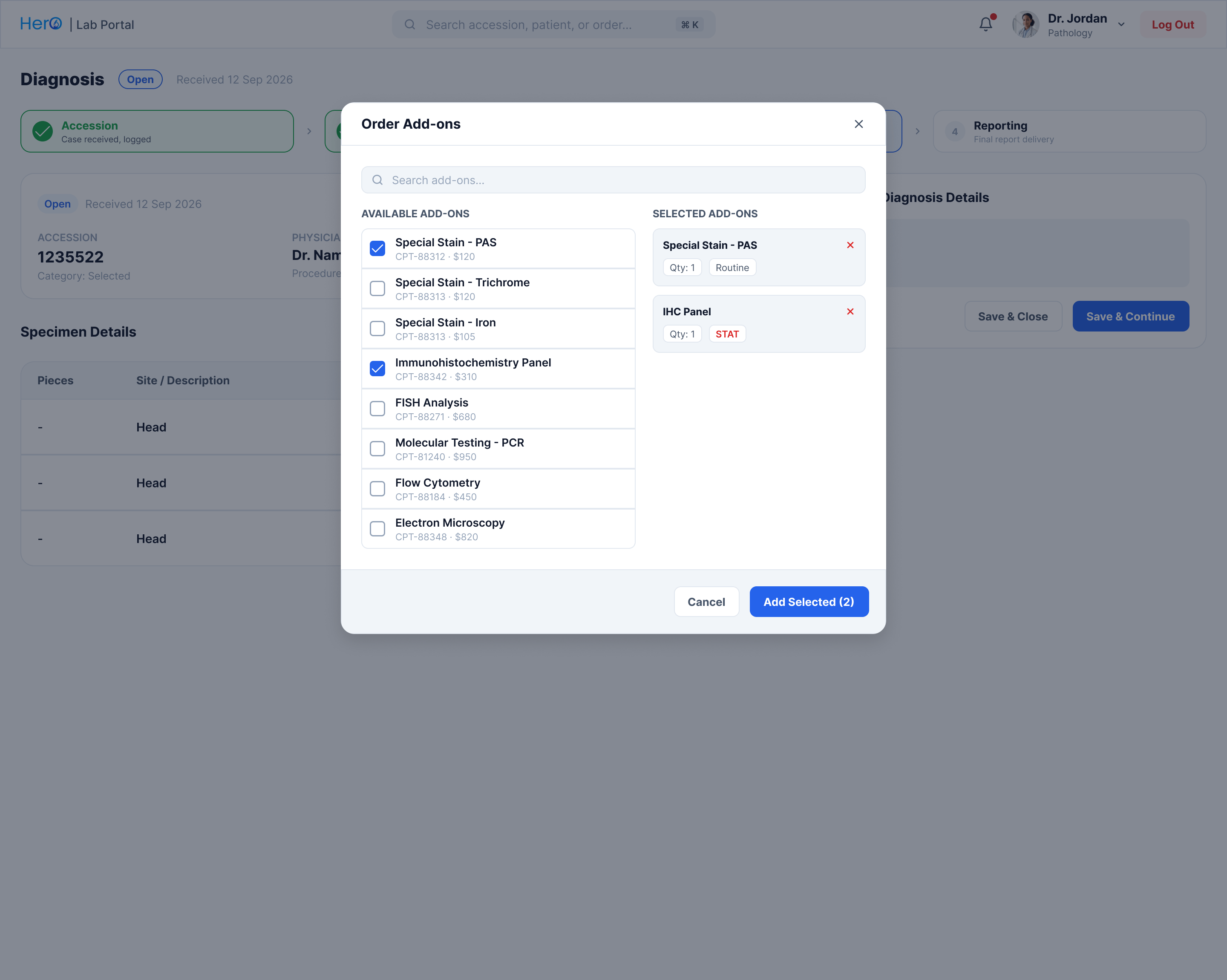 Order add-ons modal