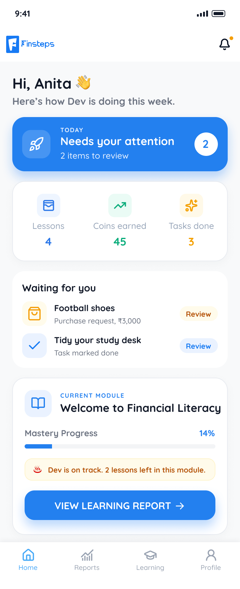 Parent app, dashboard