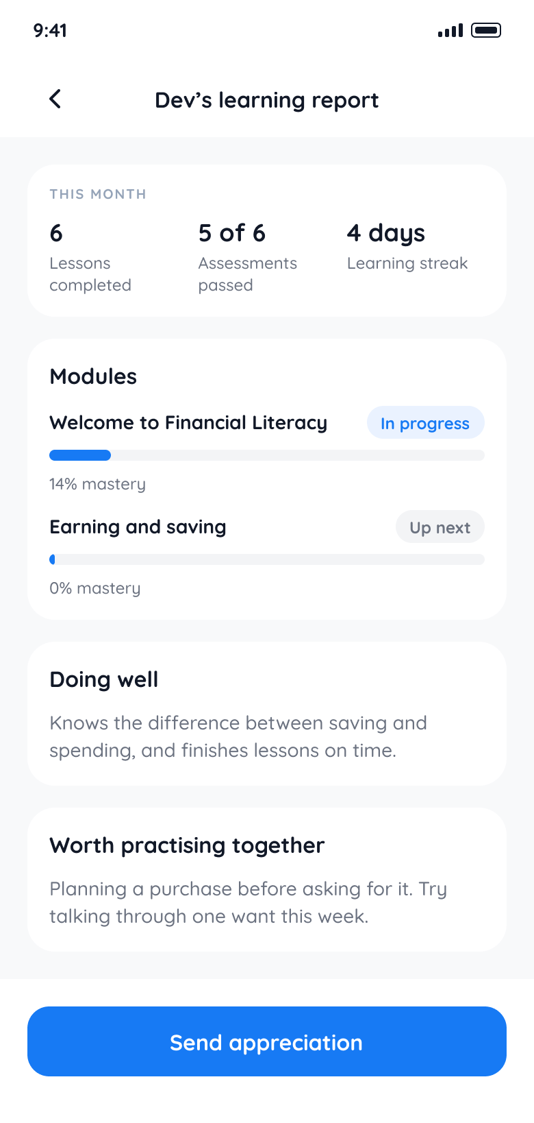 Parent app, learning report